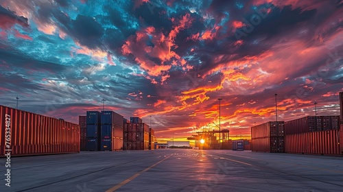 Dramatic Sunset Over Industrial Shipping Container Yard, Global Trade and Transport Hub photo