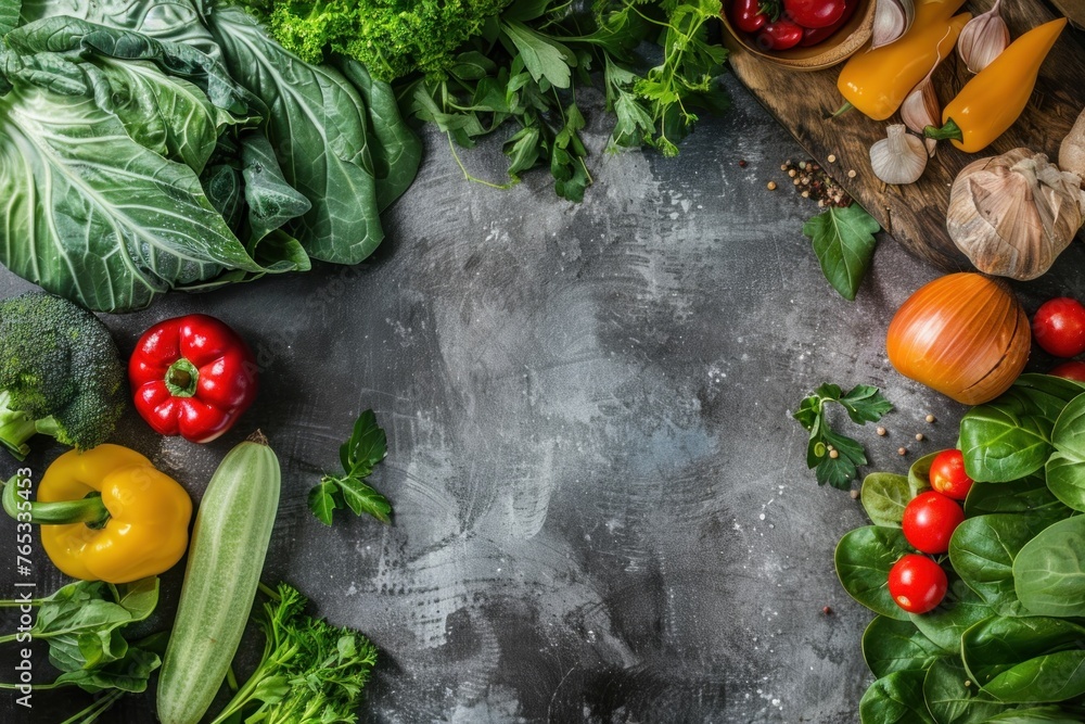 Colorful and Vibrant Fresh Vegetables and Herbs on Dark Concrete Background, Perfect for Farm-to-Table Concept or Healthy Eating Advertisement Colorful and Vibrant Fresh Vegetables and Herbs on Dark Concrete Background, Perfect for Farm-to-Table Concept or Healthy Eating Advertisement