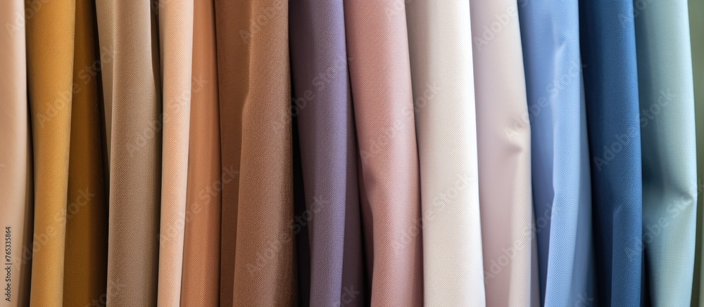 A detailed view of a range of multicolored fabrics hanging neatly on a stand