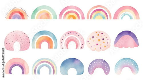 Collection set of decorative clip art cute watercolor hand draw rainbow, sun, cloud, star, weather in boho style. for nursery decoration, baby shower, party, poster, invitation, postcard, clothes. photo