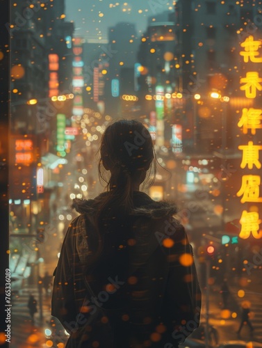 Woman overlooking neon city lights - A woman gazes at a vibrant cityscape full of neon signs and urban energy during nighttime