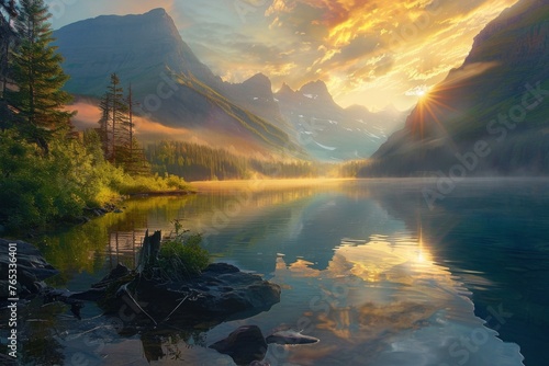 Sunrise over a majestic mountain lake - Breathtaking landscape of a sunrise over a majestic mountain lake  reflecting the beauty of nature