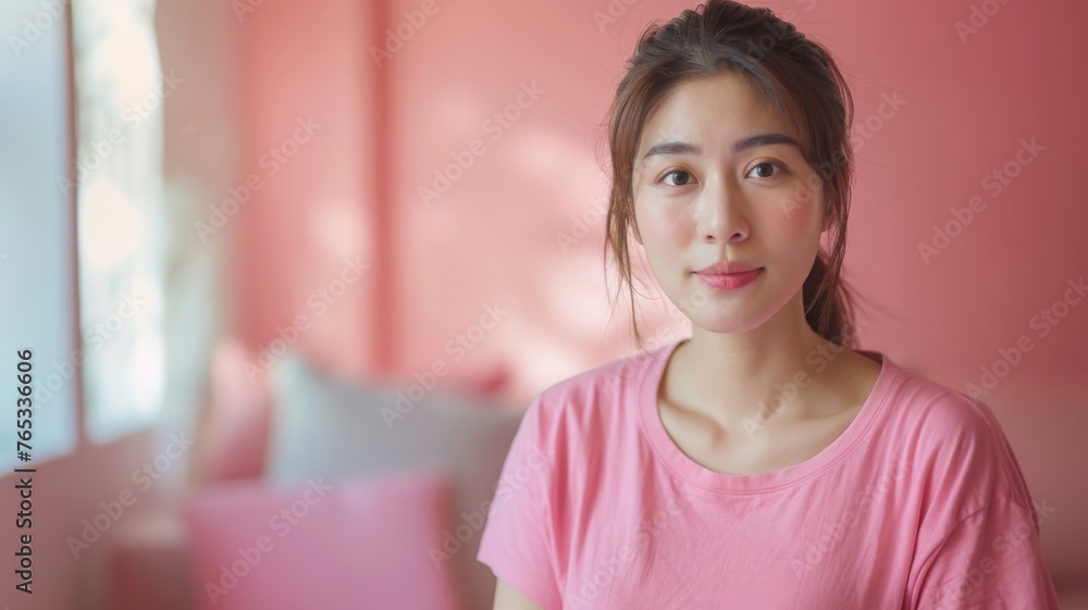 Young woman in pink posing indoors - A young woman in a pink t-shirt poses with a soft smile in a pink-toned room, giving off a warm, friendly vibe Young woman in pink posing indoors - A young woman in a pink t-shirt poses with a soft smile in a pink-toned room, giving off a warm, friendly vibe