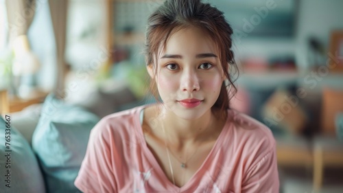 Woman at home with a serene expression - A domestic shot of a young woman with a calm and peaceful expression in a modern home setting