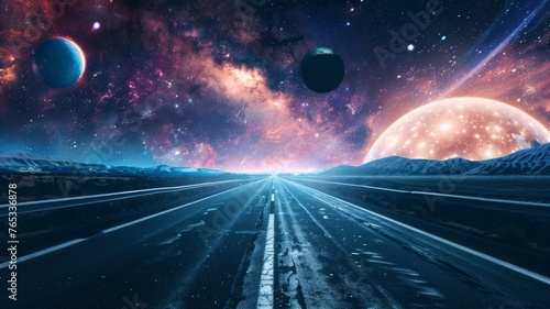 Stunning cosmic highway with planets above - A surreal cosmic scene with a highway extending towards a horizon under a starry sky with planets and a galaxy, invoking a sense of adventure and wonder © Tida