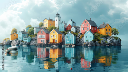 Pastel colored illustration of small houses on an island.