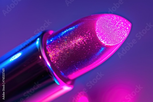 Close-Up of Vibrant Pink Sparkling Lipstick on Elegant Purple Background. Stylish Beauty Product Photography Concept with Glamorous and Shiny Texture.