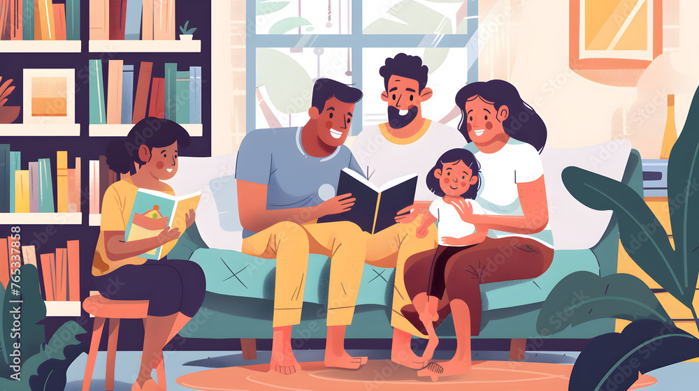 Happy family smiling handsome male with woman and kids gathering at sofa in living room all watching laptop and laughing Happy family smiling handsome male with woman and kids gathering at sofa in living room all watching laptop and laughing
