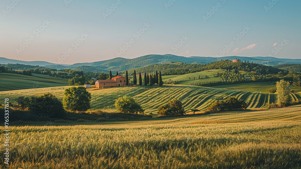 vineyard in region country, A serene and picturesque countryside landscape with rolling hills and a farmhouse 