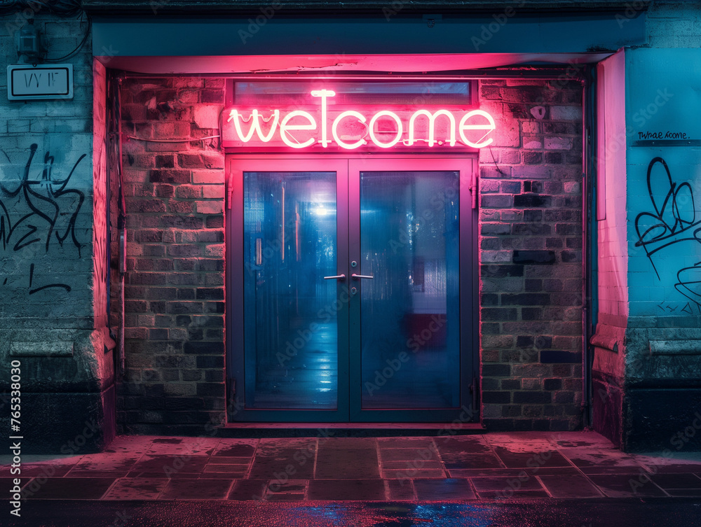 old brick, welcome, neon sign old brick, welcome, neon sign