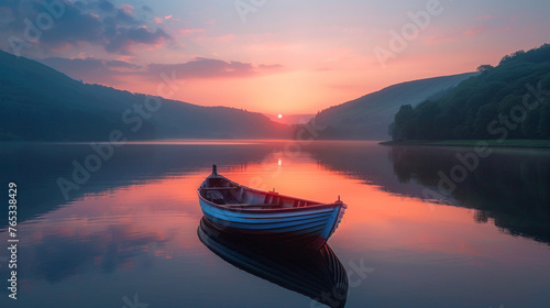 A serene and peaceful scene of a fishing boat on a calm lake at sunrise 