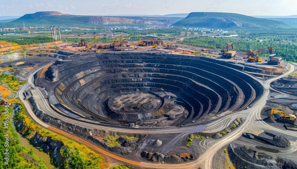 Zel Pit Aerial top view of open pit coal mine in extractive industrial setting ...
