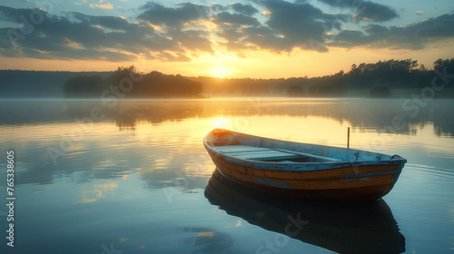 sunset on the lake, A serene and peaceful scene of a fishing boat on a calm lake at sunrise 