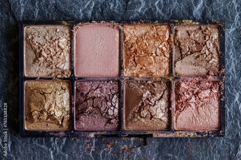 Eyeshadow palette with broken and damaged powder eye shadows in various shades of color from light to dark on a solid black background. Eyeshadow palette with broken and damaged powder eye shadows in various shades of color from light to dark on a solid black background.