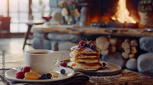 Stack of fluffy pancakes topped with berries and syrup, next to a steaming coffee, in a cozy cabin with a warm fireplace backdrop.