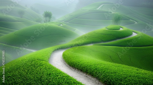 Tranquil misty green hills with lush vegetation and winding path in serene landscape