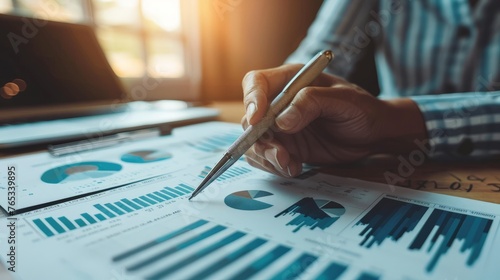 A marketer holds a pen pointing to a graph and shows SEO concepts, optimization analysis tools, search engine rankings,