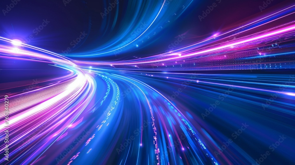 Abstract technology futuristic glowing blue and purple light lines with speed motion blur effect on dark blue background.