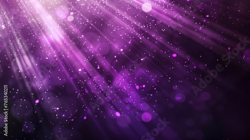 Abstract purple light rays on black background with lighting effect and bokeh.