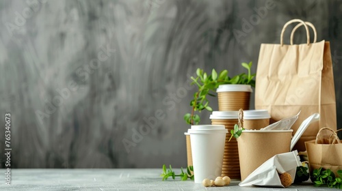 Catering and street fast food paper cups, plates and containers. Eco-friendly food packaging and cotton eco bags photo