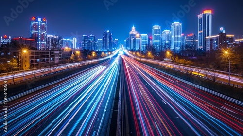 Urban night traffic blurred cars in motion on illuminated highways with long exposure light trails