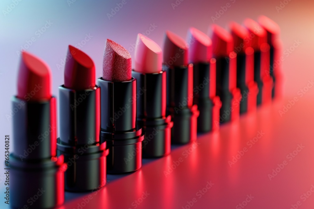 Assortment of lipstick shades on pink and blue gradient background for cosmetic branding and packaging design projects Assortment of lipstick shades on pink and blue gradient background for cosmetic branding and packaging design projects