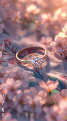 Engagement ring on a pastel floral background, spotlight on eternal love, symbolizing a heartfelt proposal