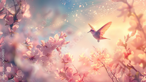 Hummingbird Flitting Among Blossoming Cherry Branches, dreamy pastel sky © Chayada