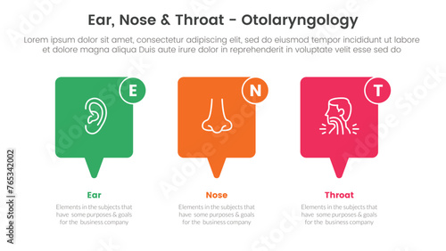 ent health treatment disease infographic 3 point stage template with callout box horizontal direction for slide presentation