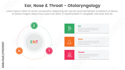 ent health treatment disease infographic 3 point stage template with big circle and outline badge on the line for slide presentation