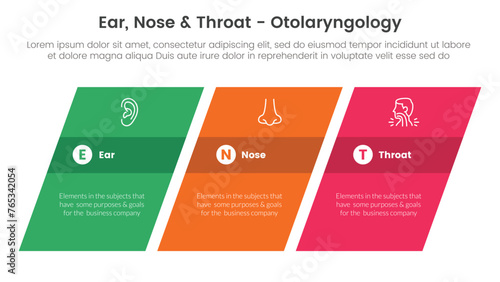 ent health treatment disease infographic 3 point stage template with rectangle skew or tilt for slide presentation