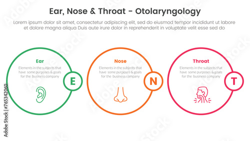 ent health treatment disease infographic 3 point stage template with horizontal outline circle for slide presentation