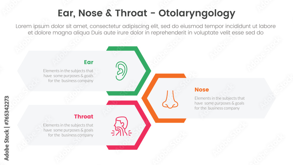 ent health treatment disease infographic 3 point stage template with vertical hexagon shape layout for slide presentation