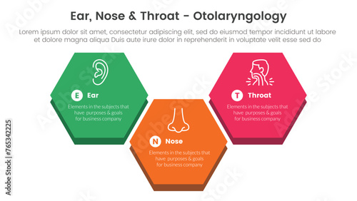 ent health treatment disease infographic 3 point stage template with big hexagonal up and down shape for slide presentation