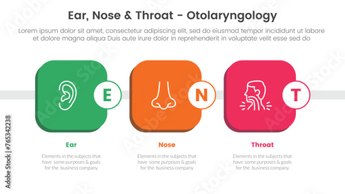 ent health treatment disease infographic 3 point stage template with round square box timeline style for slide presentation
