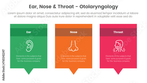 ent health treatment disease infographic 3 point stage template with rectangle box and callout comment dialog on bottom for slide presentation
