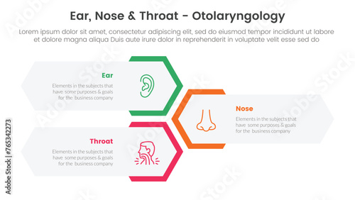 ent health treatment disease infographic 3 point stage template with vertical hexagon shape layout for slide presentation
