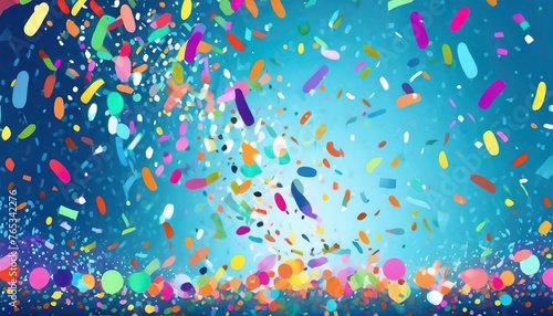 a festive and colorful party with flying neon confetti on a blue background