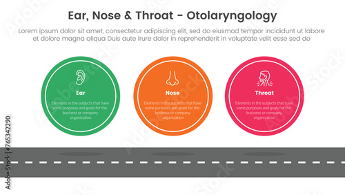 ent health treatment disease infographic 3 point stage template with big circle symmetric horizontal on top of roadway for slide presentation