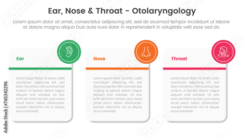 ent health treatment disease infographic 3 point stage template with big round square box for slide presentation
