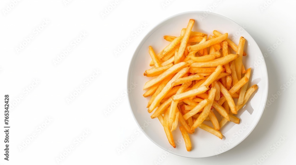 Top view Potato fries on white plate isolated on white background. Top view Potato fries on white plate isolated on white background.