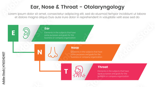 ent health treatment disease infographic 3 point stage template with vertical timeline skew rectangle waterfall for slide presentation