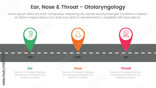 ent health treatment disease infographic 3 point stage template with tagging pin location marker on roadway for slide presentation