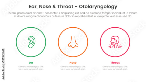 ent health treatment disease infographic 3 point stage template with big circle outline horizontal for slide presentation