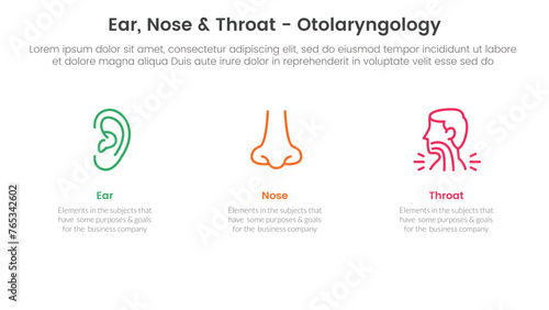 ent health treatment disease infographic 3 point stage template with clean and simple information on horizontal direction for slide presentation