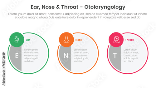 ent health treatment disease infographic 3 point stage template with big circle symmetric and small circle badge on horizontal direction for slide presentation