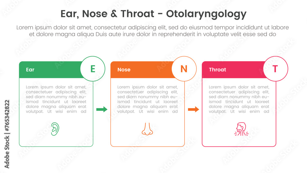 ent health treatment disease infographic 3 point stage template with box outline and badge arrow for slide presentation