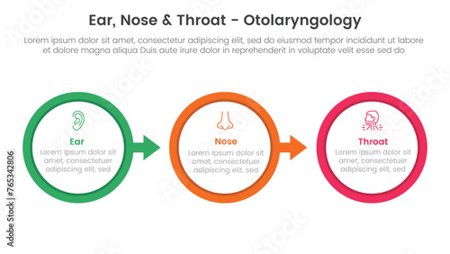 ent health treatment disease infographic 3 point stage template with big outline circle arrow right direction for slide presentation