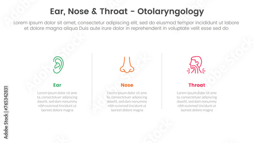 ent health treatment disease infographic 3 point stage template with horizontal clean information with line divider for slide presentation