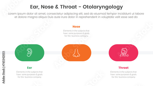 ent health treatment disease infographic 3 point stage template with round shape timeline horizontal for slide presentation
